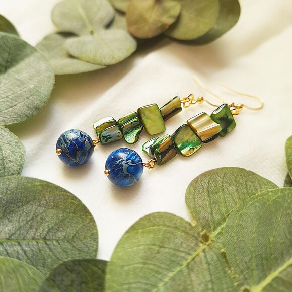 Green Shell Jasper Drop Earrings: Gold Plated Stainless Steel Hooks - Picture 9 of 15